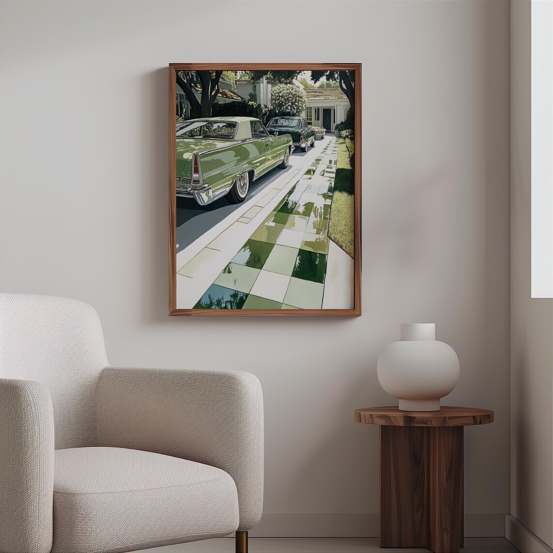 Green Classic Finned Sedan Checkered Sidewalk Suburban Art Print - Image 2