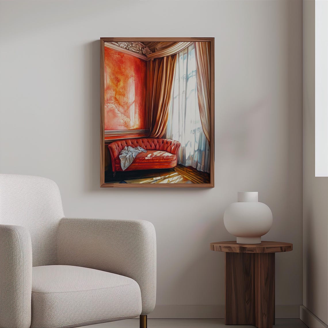 Red Chesterfield Sofa Draped Window Orange Wall Interior Poster - Image 2