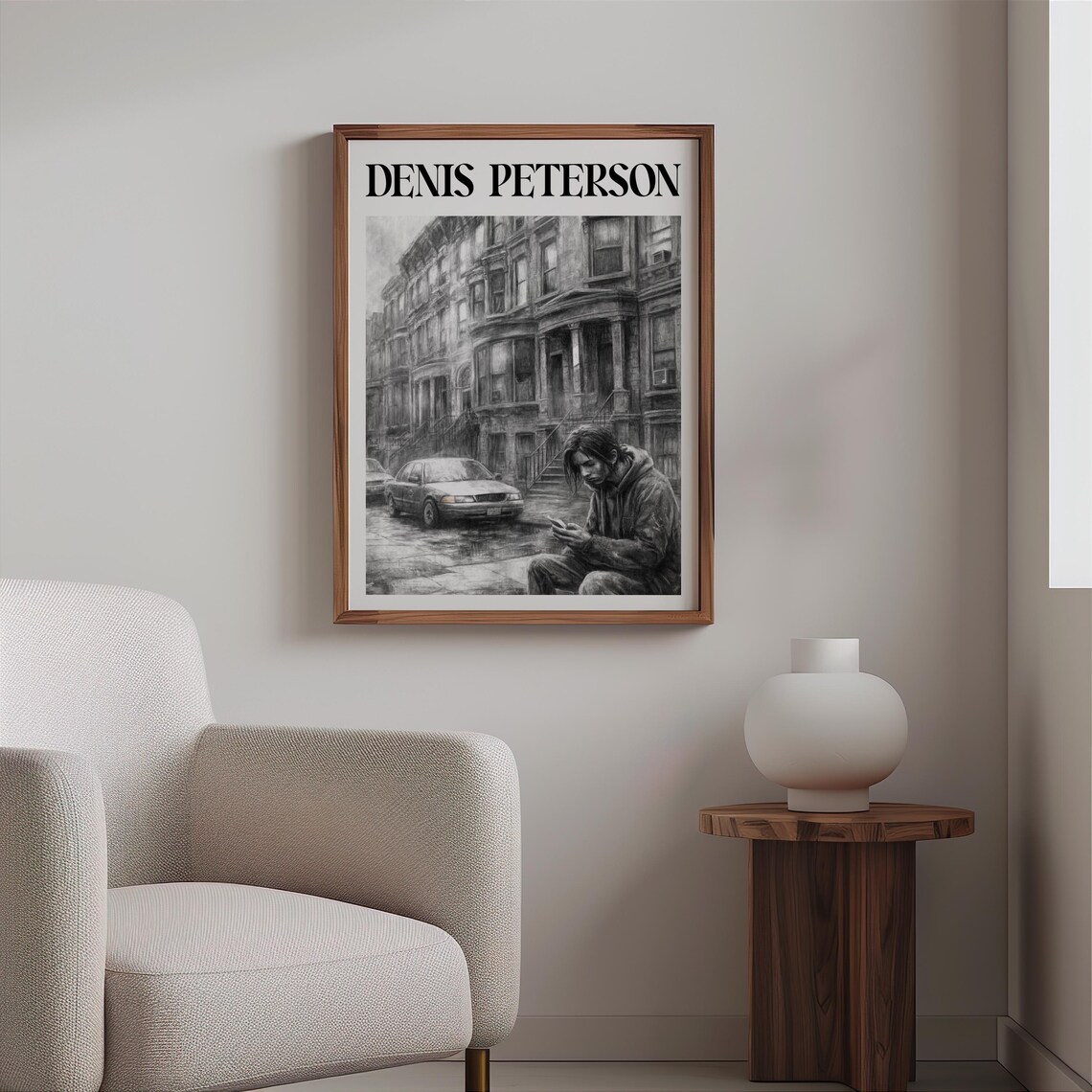Denis Peterson Black and White Man on Curb Phone Brownstone Art Poster - Image 2