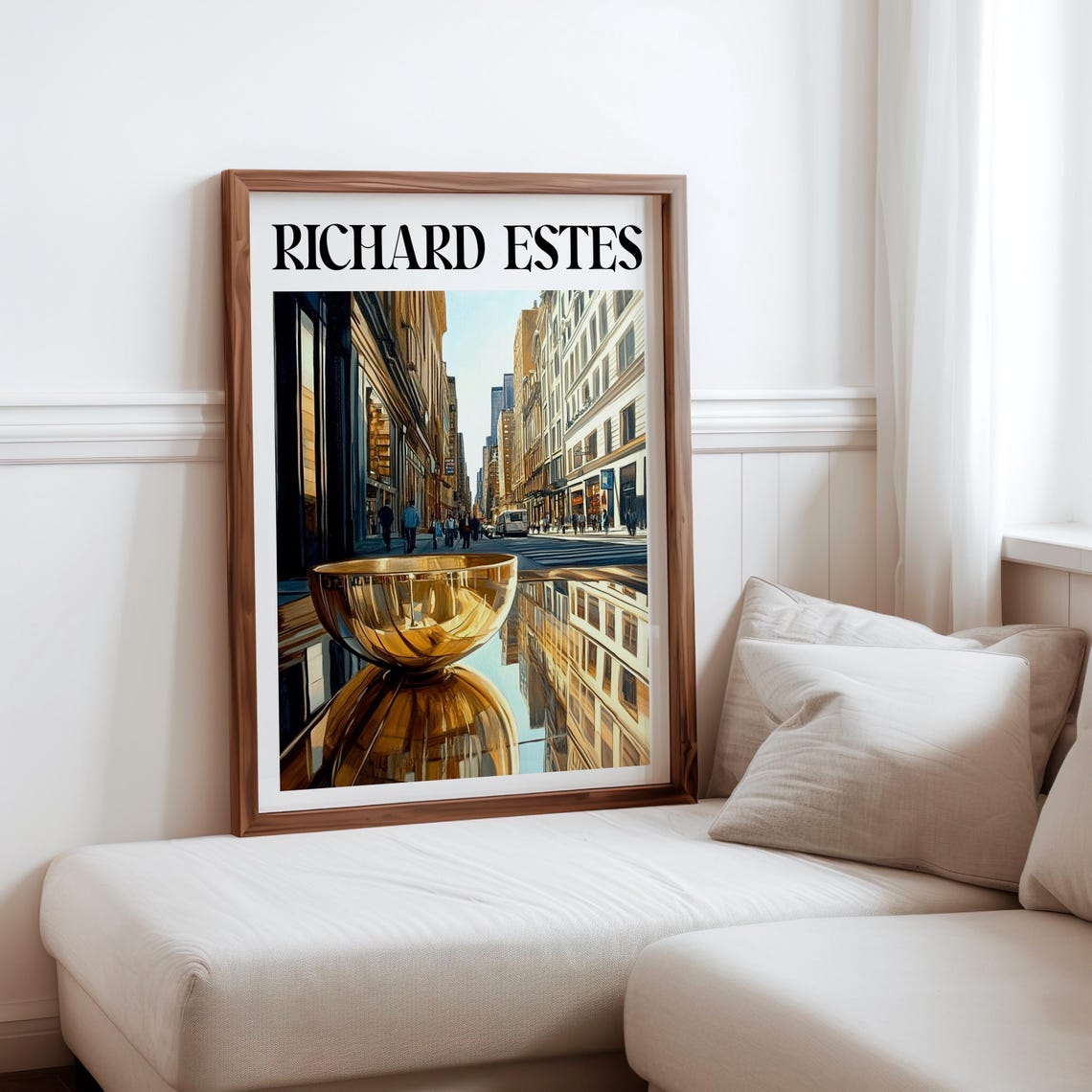 Golden Chalice Sculpture Street Reflection Mirrored City Art Poster