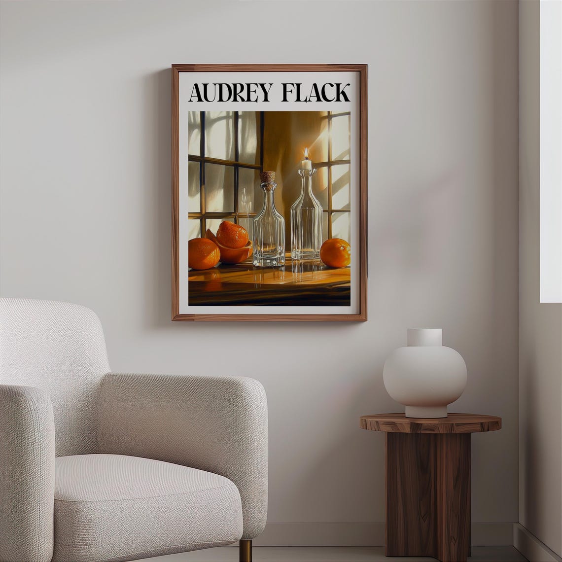 Audrey Flack Decanters Oranges Candle Sunlit Window Still Life Poster - Image 2