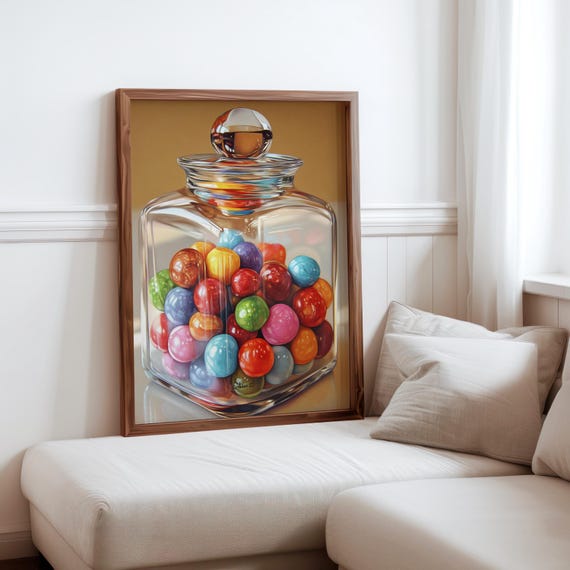 Charles Bell Inspired Photorealism Poster Vintage Gumball Print Colourful Retro Sweetshop Hyper Realistic Candy Machine 1980s