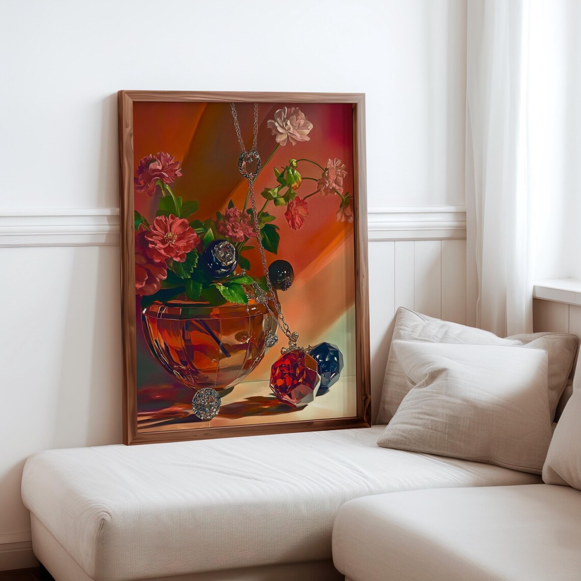 Amber Glass Bowl Flowers Hanging Jewels Still Life Art Print