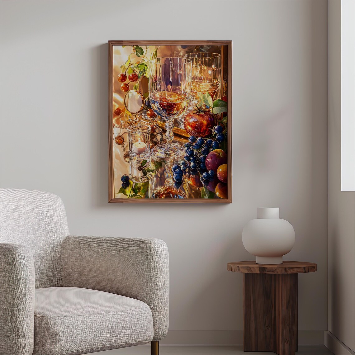 Wine Glasses Cherries Golden Light Still Life Photorealism Art Print - Image 2