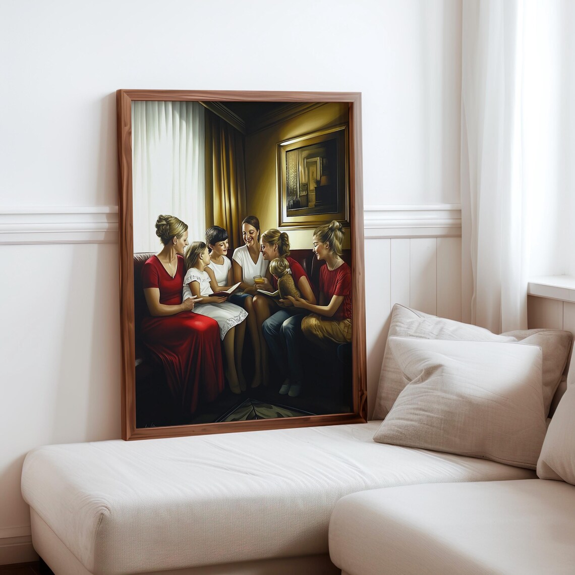 Women Reading Together Cozy Warm Interior Red Dress Group Art Print