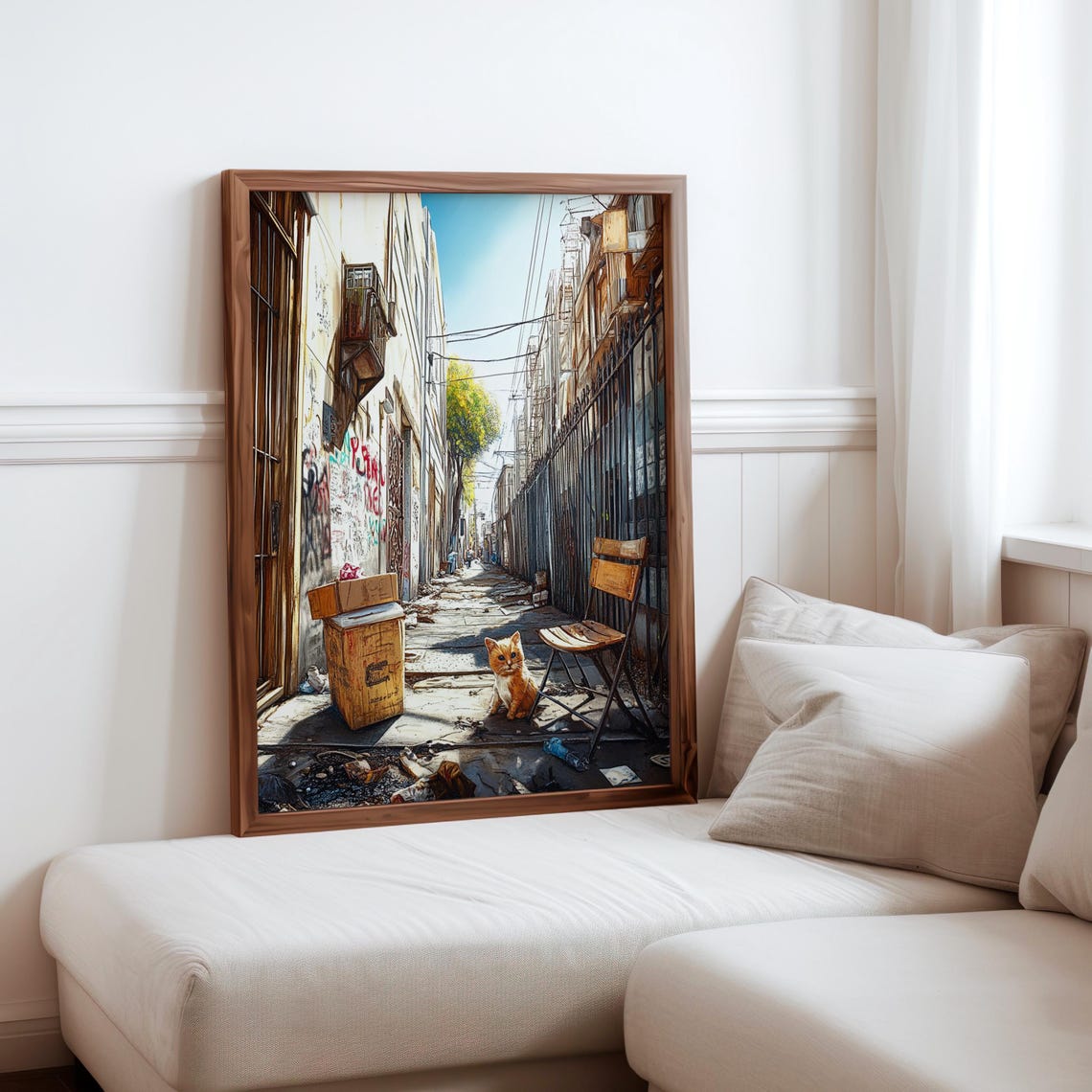 Ginger Cat Sunlit Graffiti Alley Chair Trash Photorealism Poster