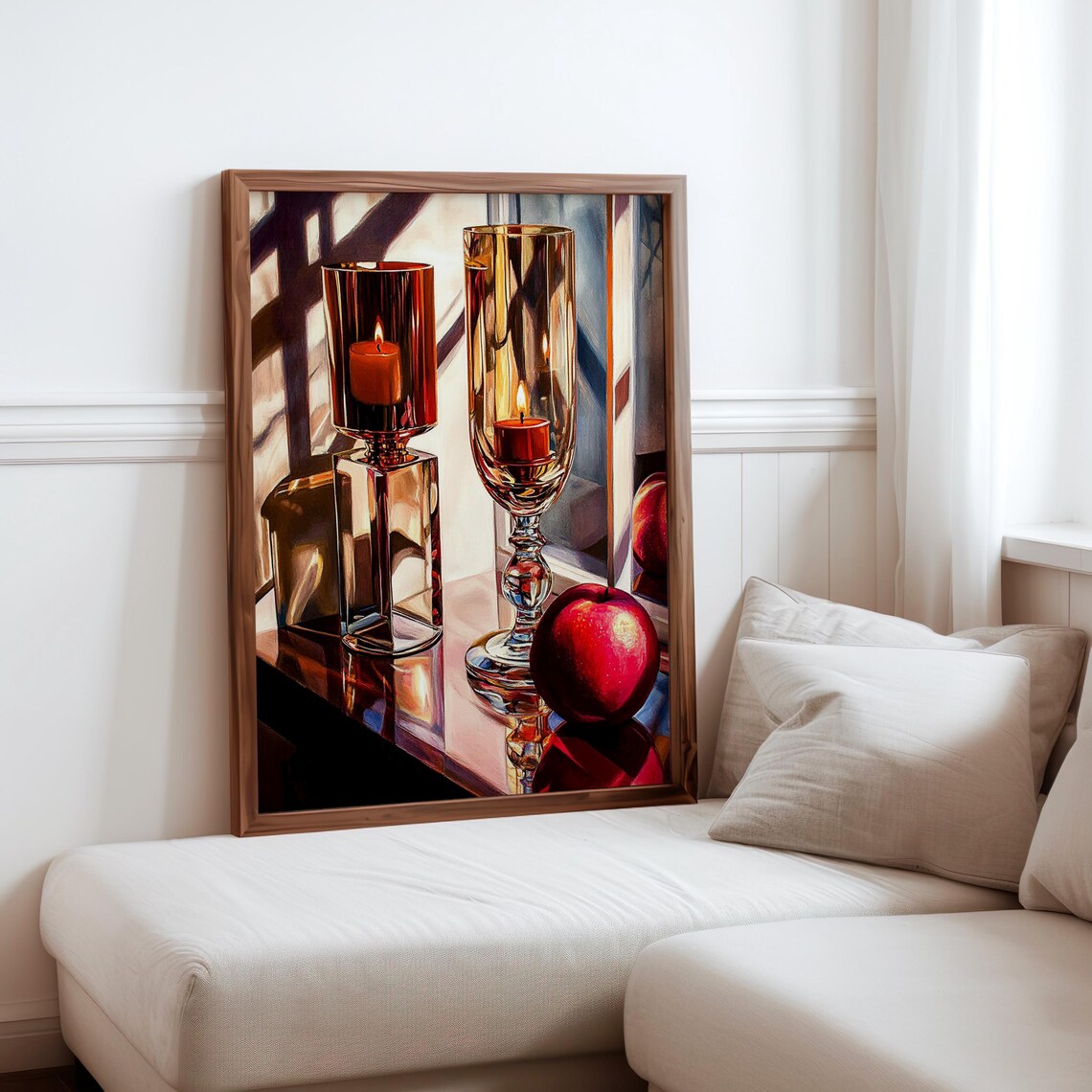 Amber Glass Hurricanes Red Apple Candlelight Still Life Art Print