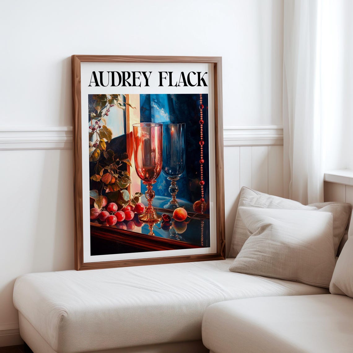 Audrey Flack Inspired Pink Blue Wine Glasses Plums Vine Poster