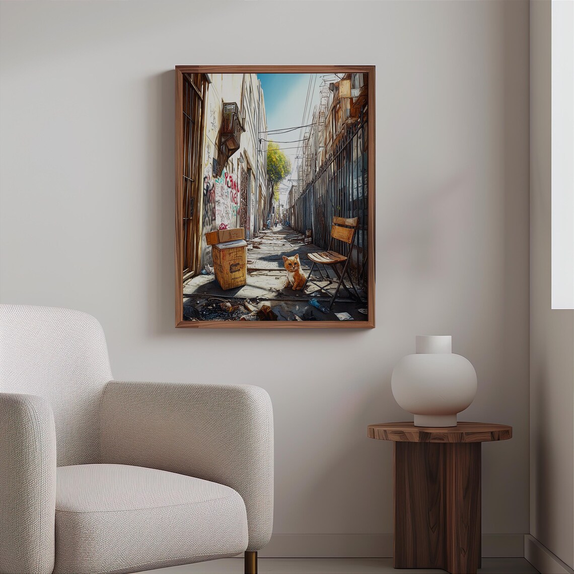 Ginger Cat Sunlit Graffiti Alley Chair Trash Photorealism Poster - Image 2