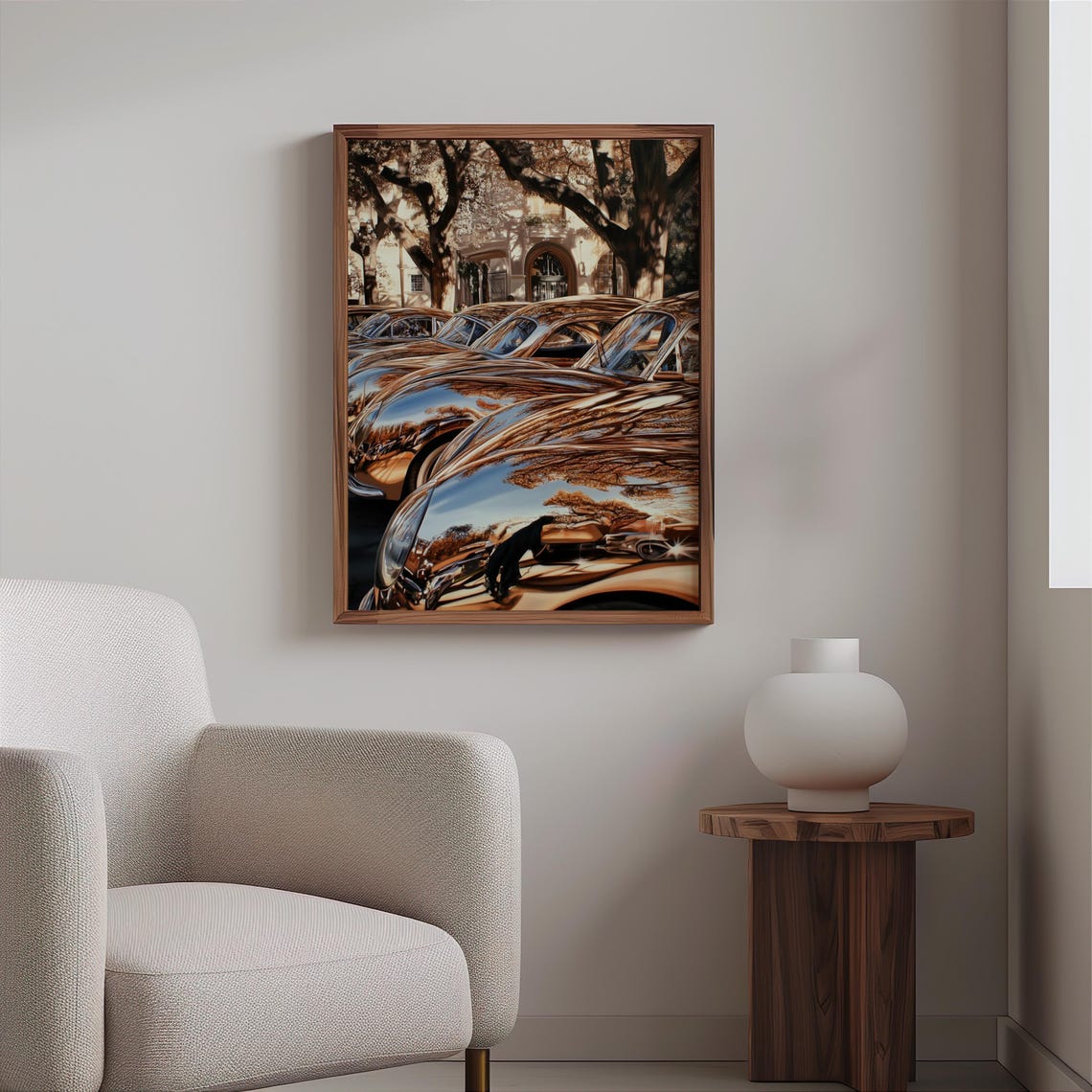 Mirrored Chrome Hoods Tree Reflection Classic Cars Street Poster - Image 2