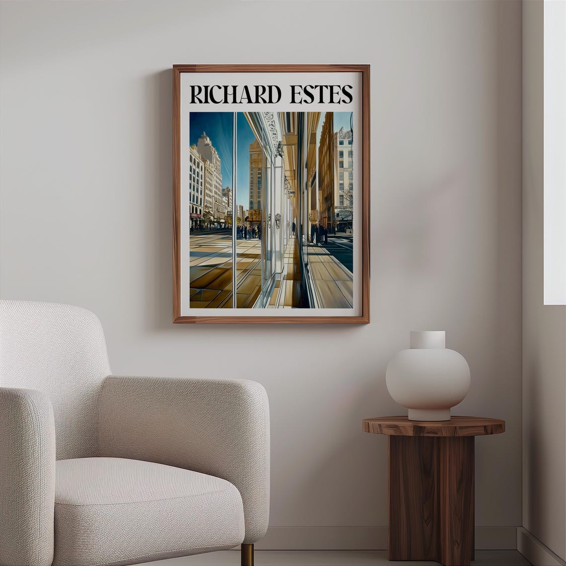 Richard Estes Inspired Sunlit Glass Facade Cityscape Art Print - Image 2