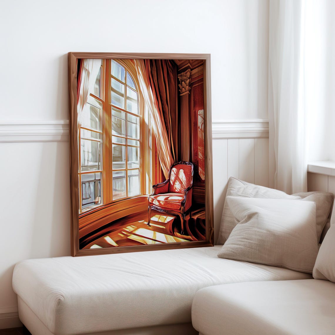 Amber Light Bay Window Red Velvet Armchair Draped Curtains Print