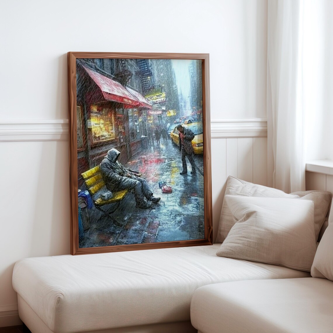 Rainy New York Street Homeless Man Sleeping Bench Art Poster