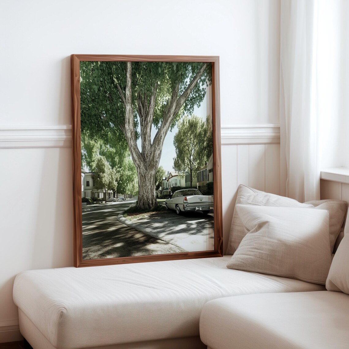 White Vintage Sedan Tree Lined Street Sepia Photorealistic Art Poster
