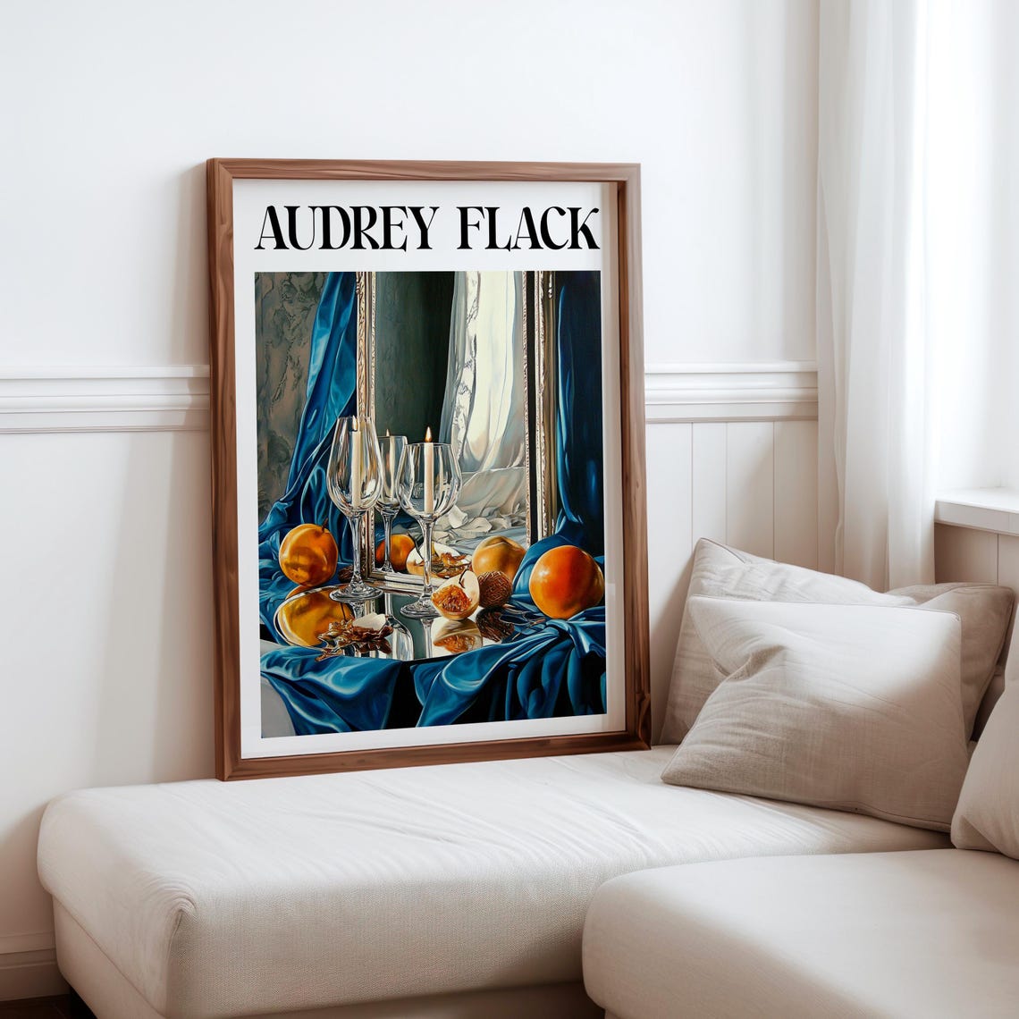 Audrey Flack Inspired Wine Glasses Oranges Blue Satin Drapery Poster