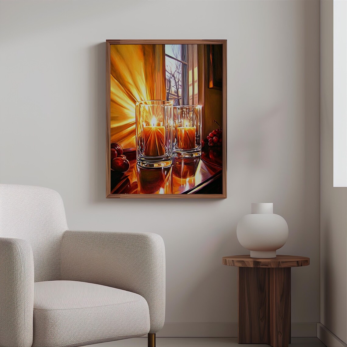 Twin Candle Flames in Glass Holders Sunlit Still Life Poster - Image 2