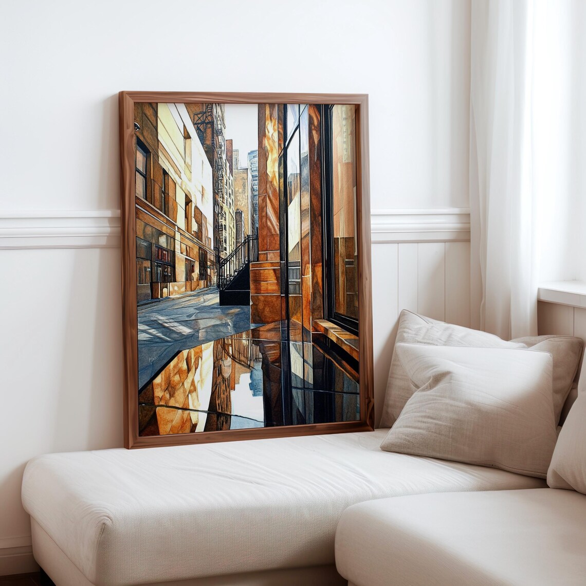 Photorealistic Brick Alley Fire Escape Puddle Mirror Reflection Poster
