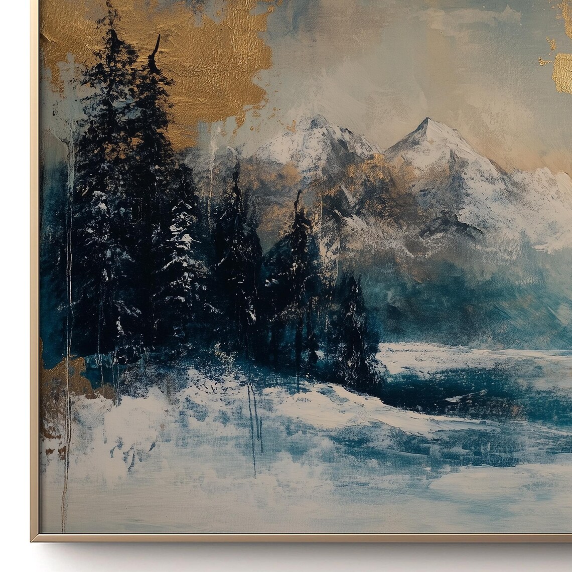 Snowy Mountain Gold Leaf Moody Blue Winter Landscape Art Poster - Image 3