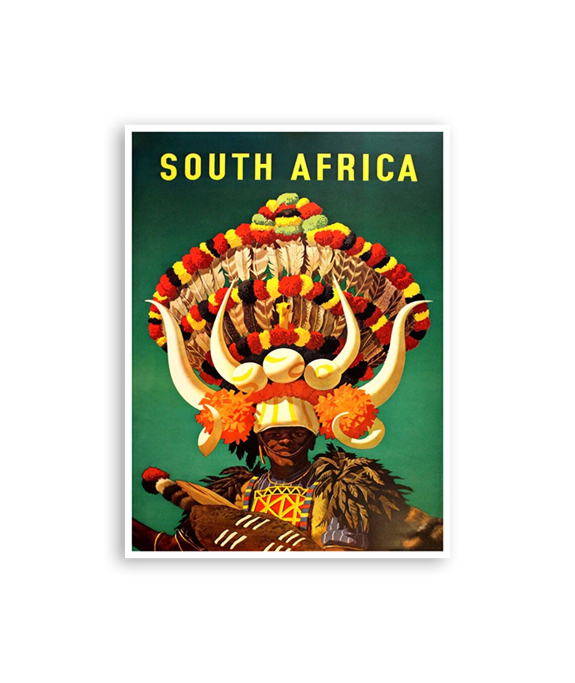 South Africa Zulu Warrior Feathered Headdress Portrait Travel Poster