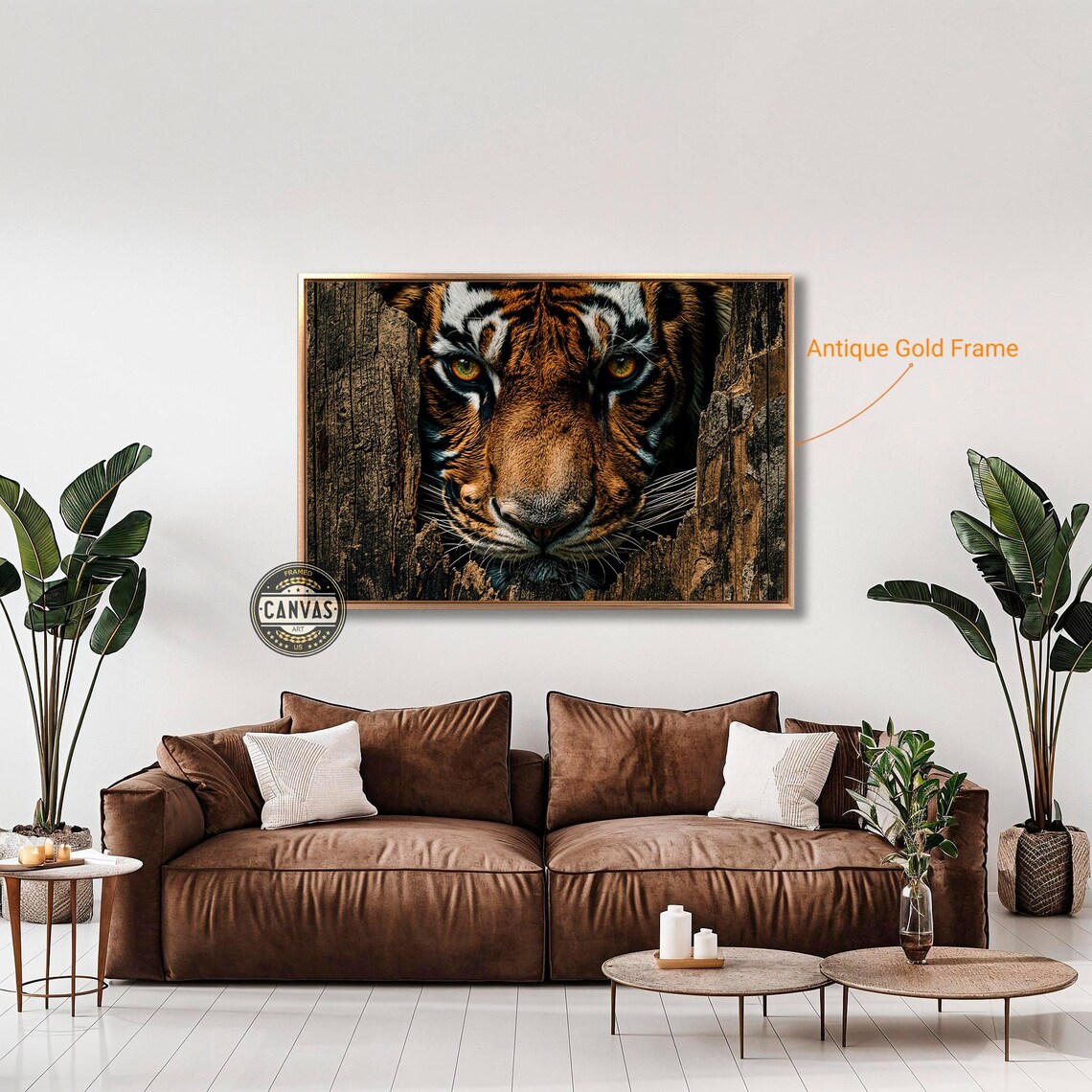 Bengal Tiger Face Emerging From Split Wood Dramatic Wildlife Art Poster - Image 2