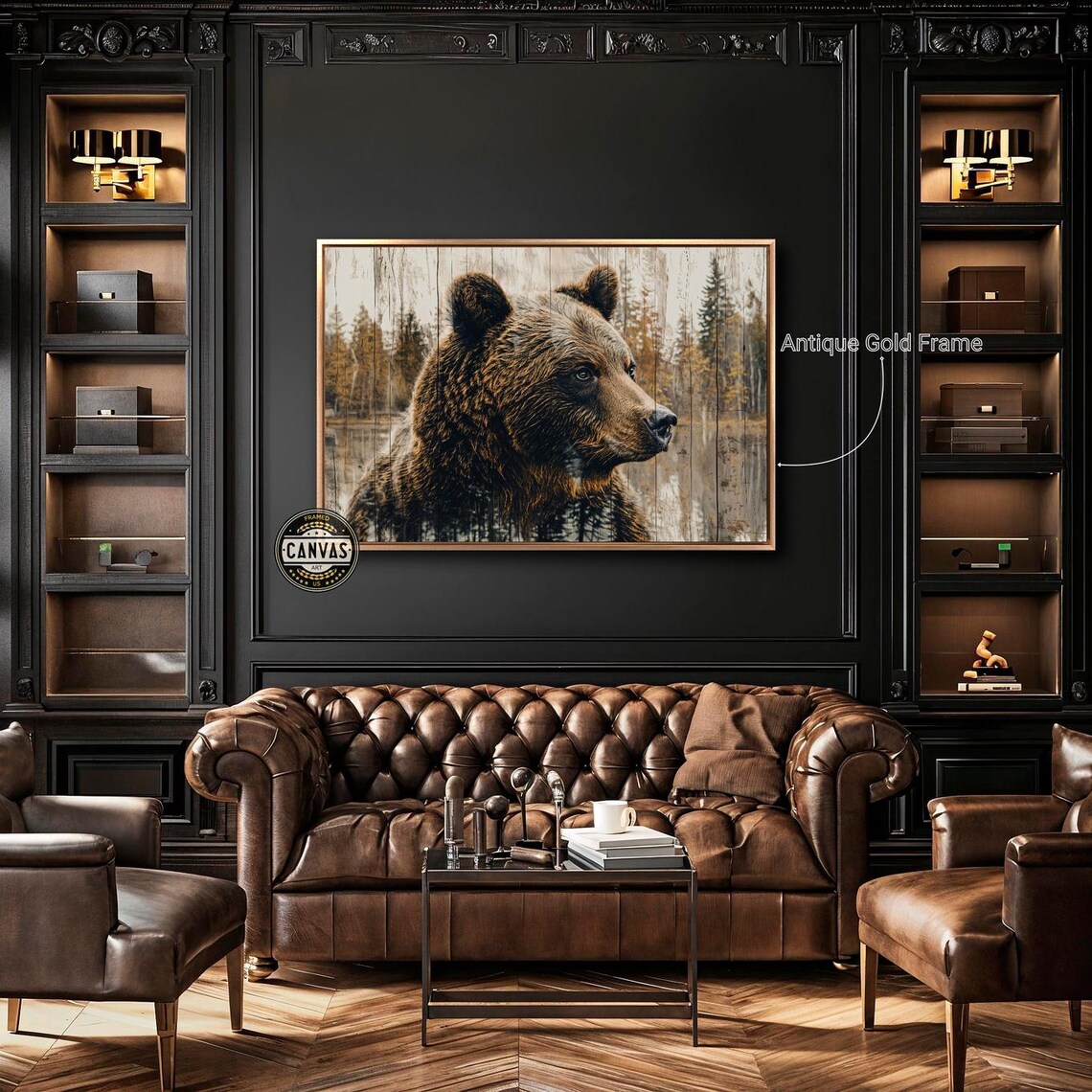 Bear Profile On Weathered Wood Forest Lake Rustic Wildlife Art Poster - Image 5