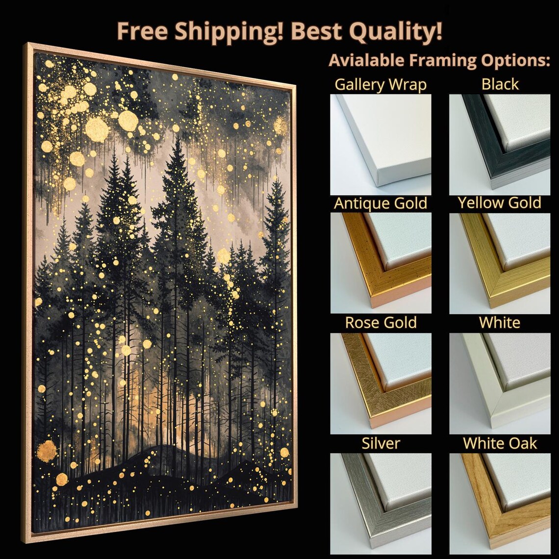 Mystical Pine Forest Golden Starry Night Enchanted Woods Wall Art Poster - Image 5