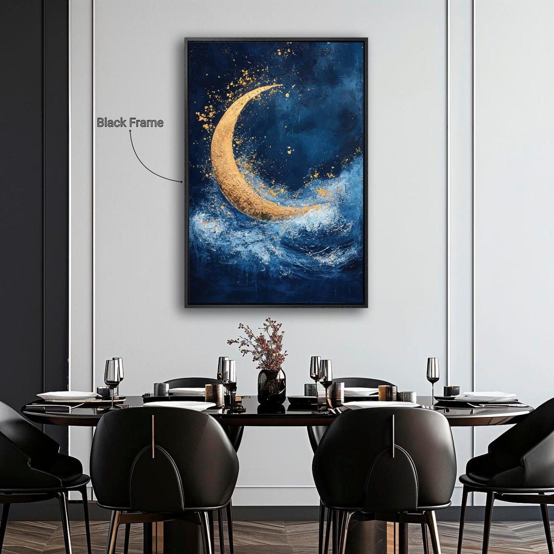 Dreamy Golden Crescent Moon Deep Blue Ocean Waves Night Art Print - Image 4