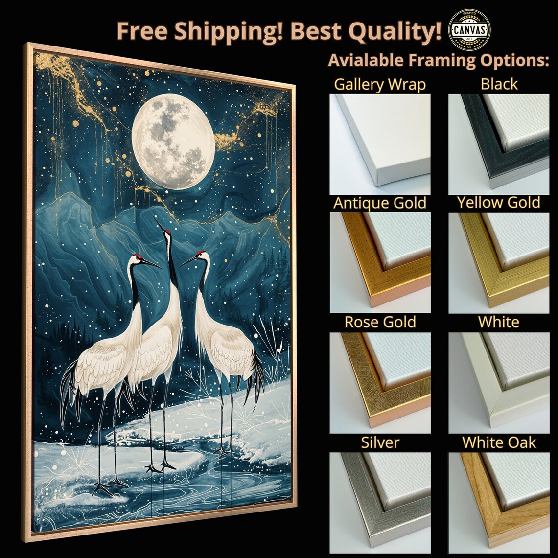 Three Cranes Full Moon Teal Night Sky Snowy Water Japanese Bird Art Poster - Image 6