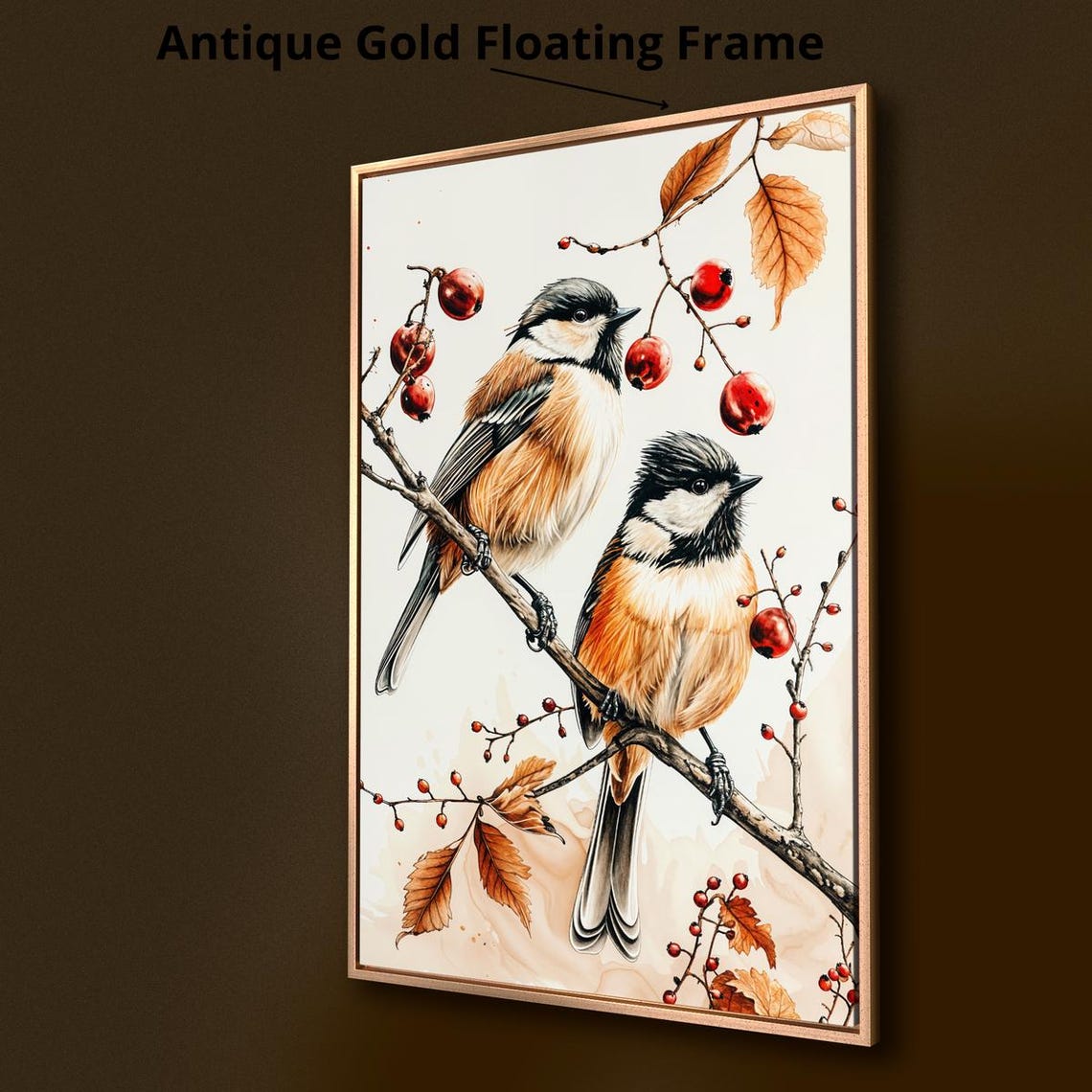 Chickadees Red Berries Autumn Leaves Watercolor Wildlife Bird Poster - Image 4