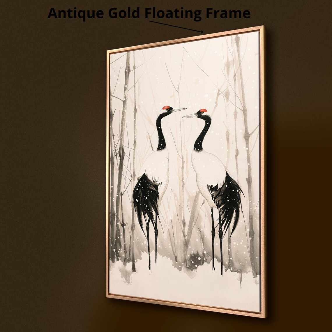 Two Red Crowned Cranes Snowy Bamboo Japanese Ink Style Poster - Image 3