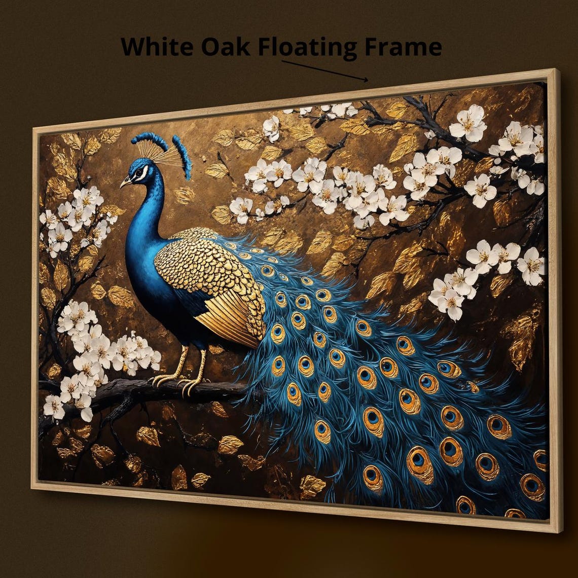 Stunning Blue Gold Peacock On Branch Cherry Blossom Art Print - Image 3