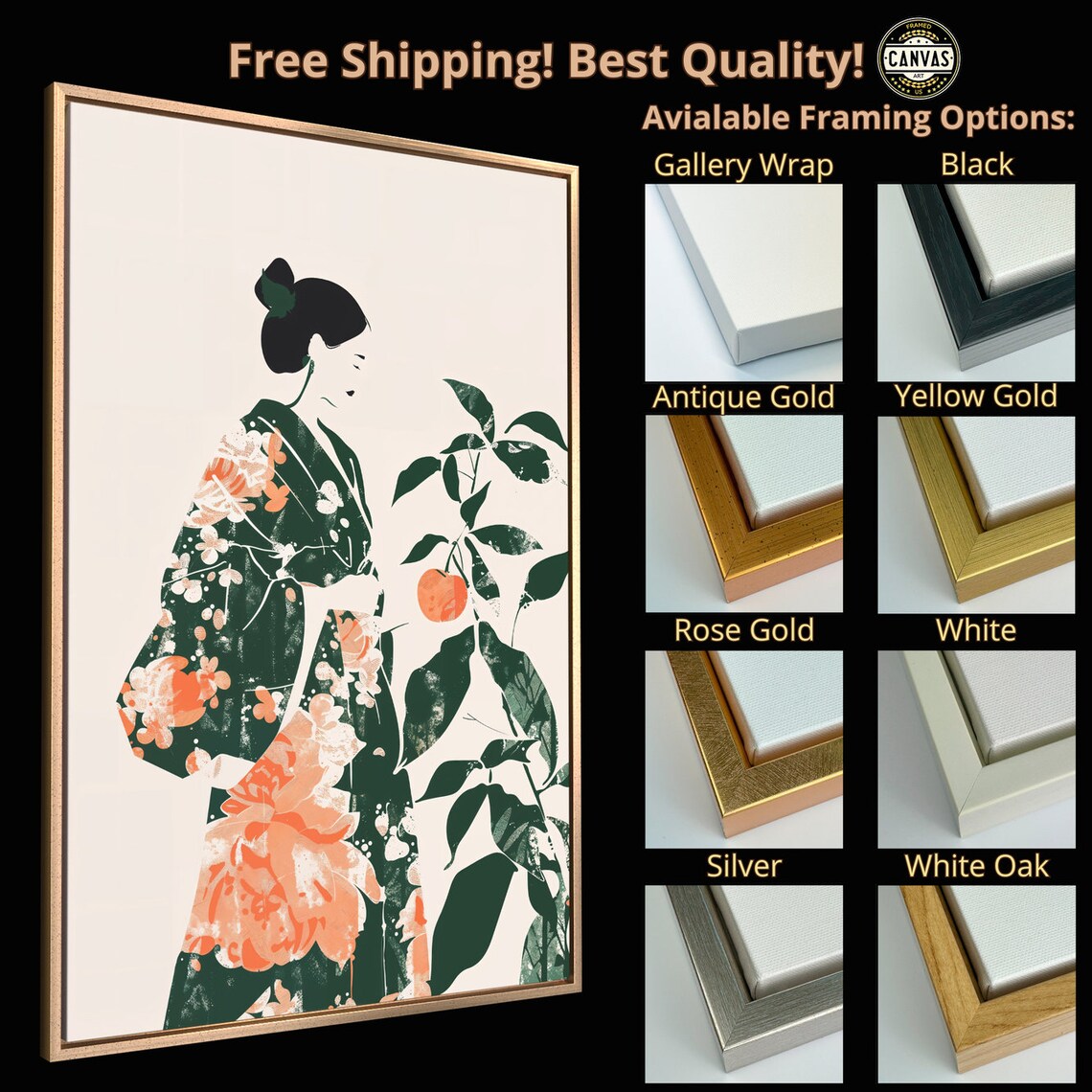 Japanese Woman In Green Floral Kimono Minimalist Asian Wall Poster - Image 5