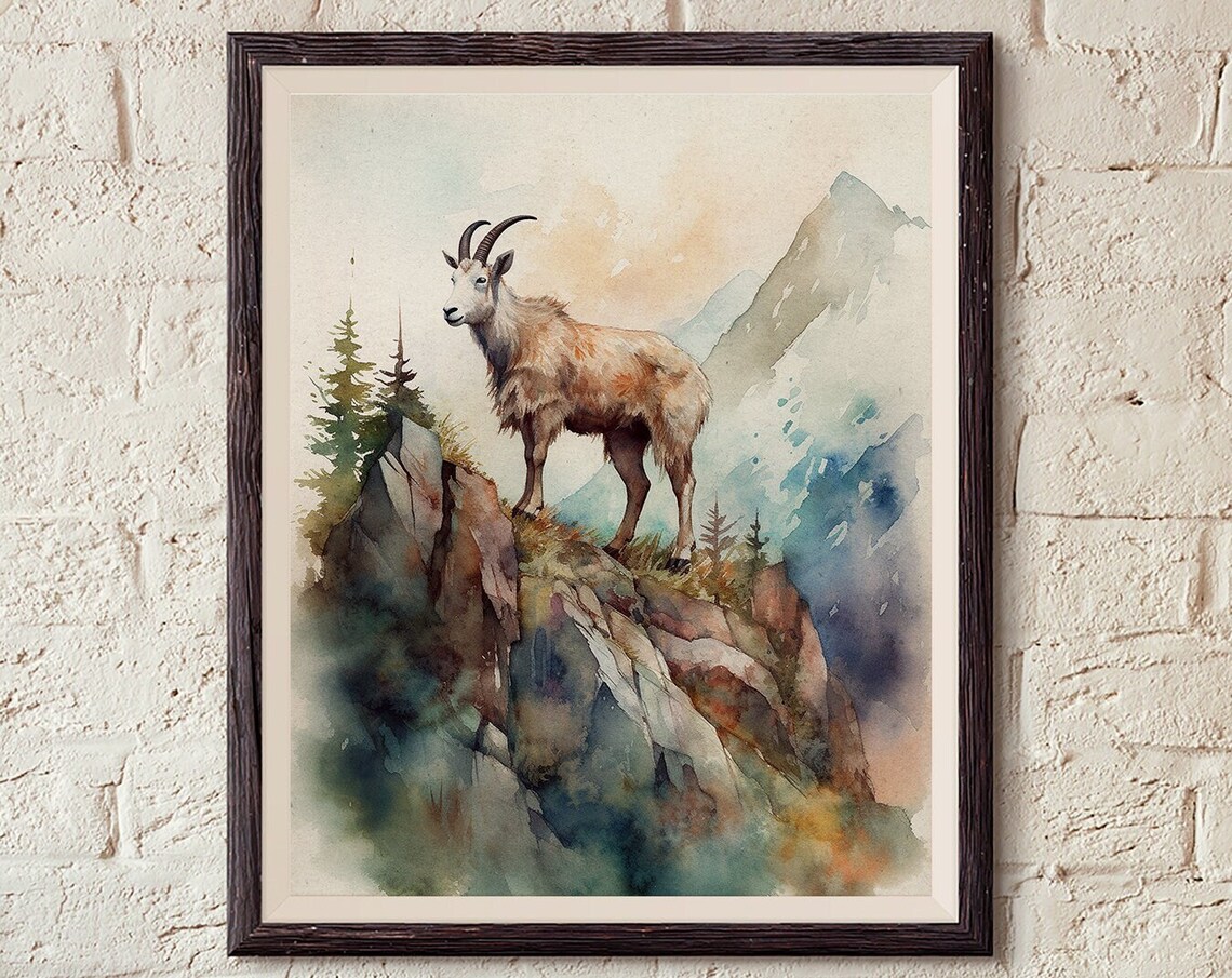 Mountain Goat on Rocky Cliff Watercolor Alpine Wildlife Poster - Image 8