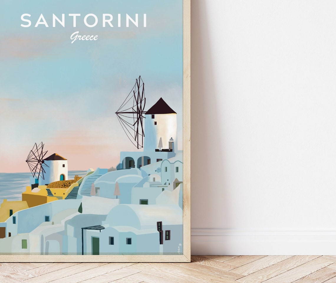 Santorini Greece Windmills Pastel Sky Sea Breeze Travel Poster - Image 3