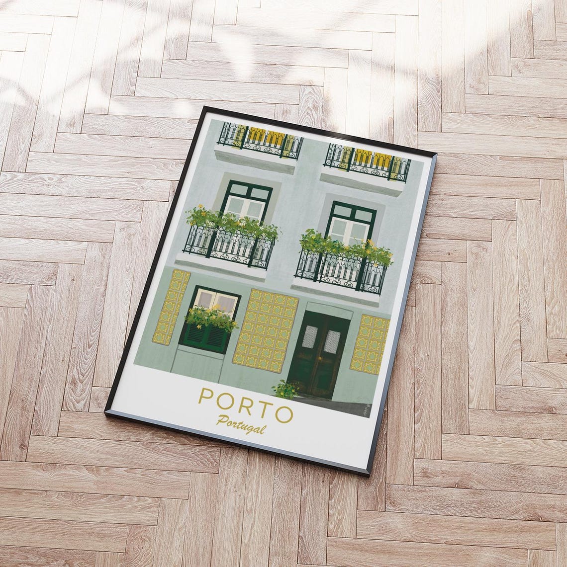Porto Portugal Green Tiled Facade Iron Balconies Flower Windows Poster - Image 2