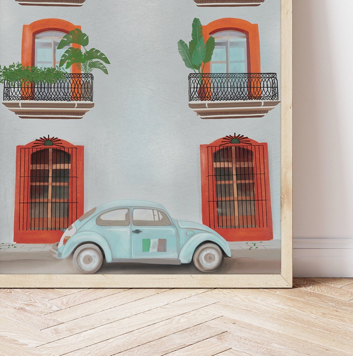 Oaxaca Mexico Blue Volkswagen Beetle Terracotta Balcony Flower Poster - Image 4