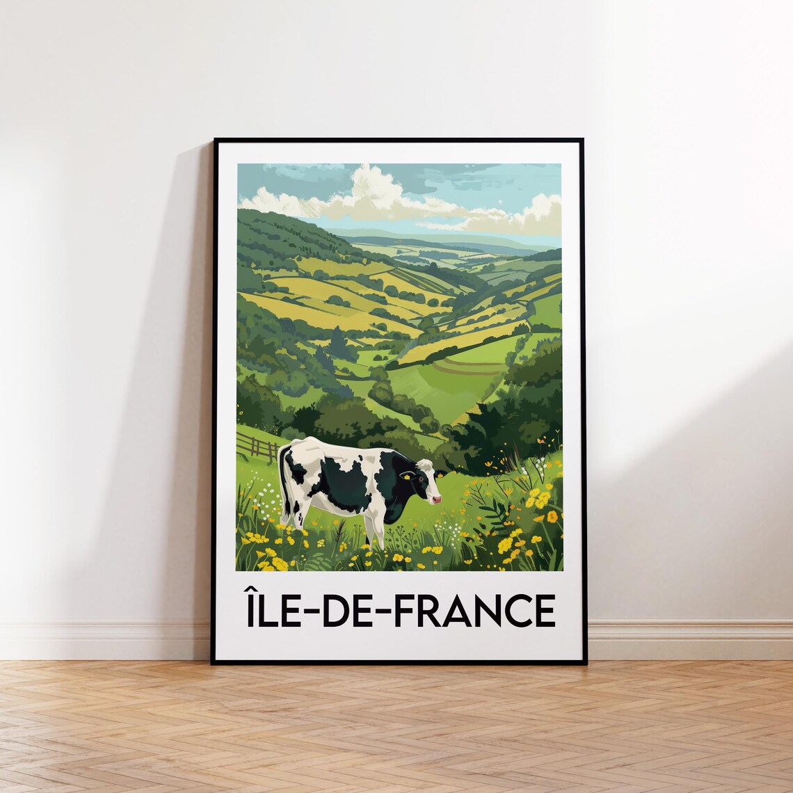 Ile de France Vintage Travel Poster With Green Hills And Cow Art