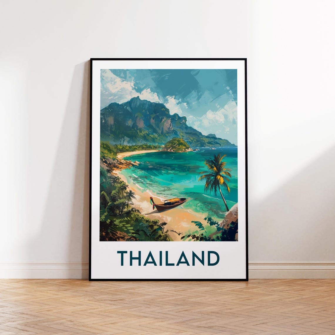 Thailand Tropical Beach Longtail Boat Island Vintage Travel Poster