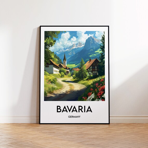 Bavaria Germany Alpine Village Mountain Meadow Travel Poster