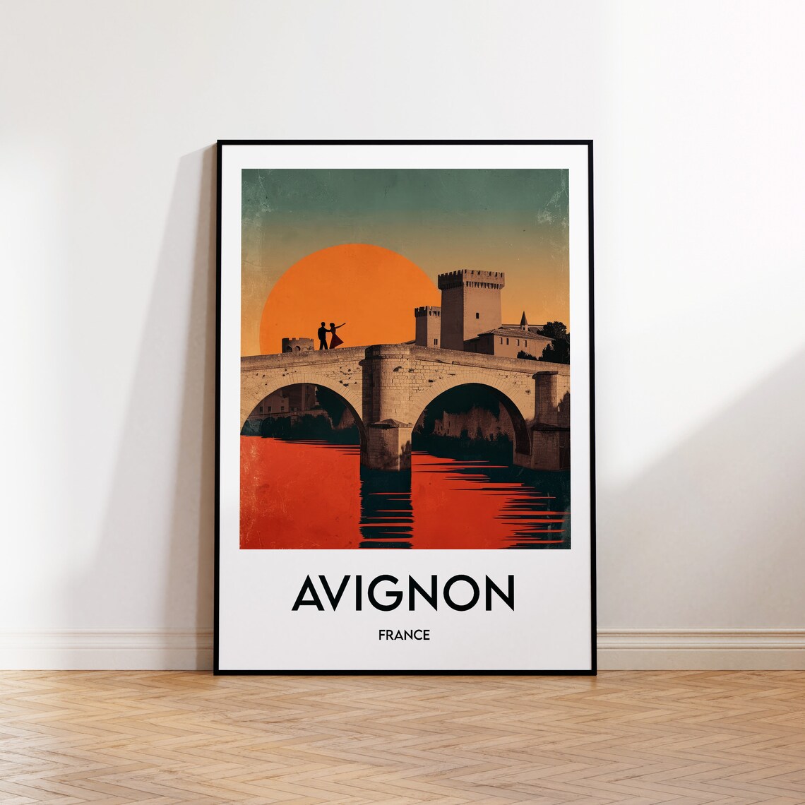 Avignon France Bridge Sunset Couple Dancing Vintage Travel Poster