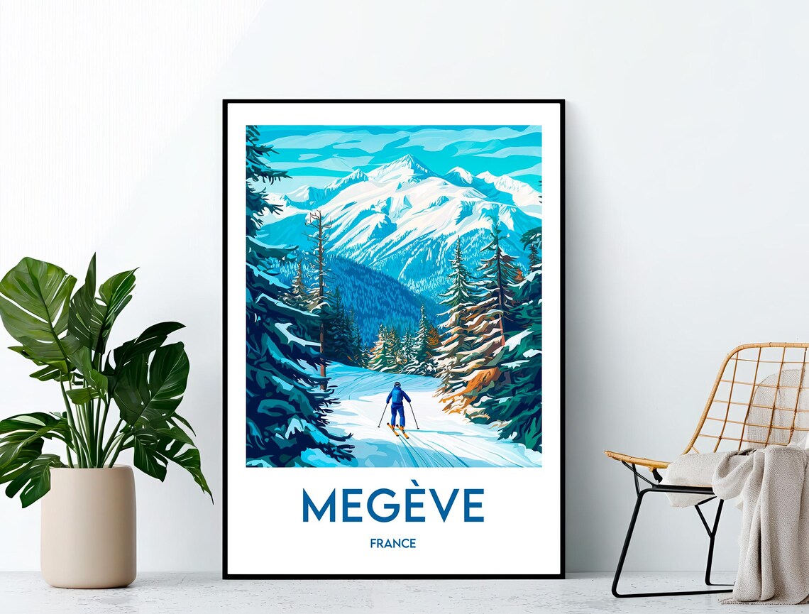 Megève France Ski Resort Snowy Mountain Vintage Travel Poster