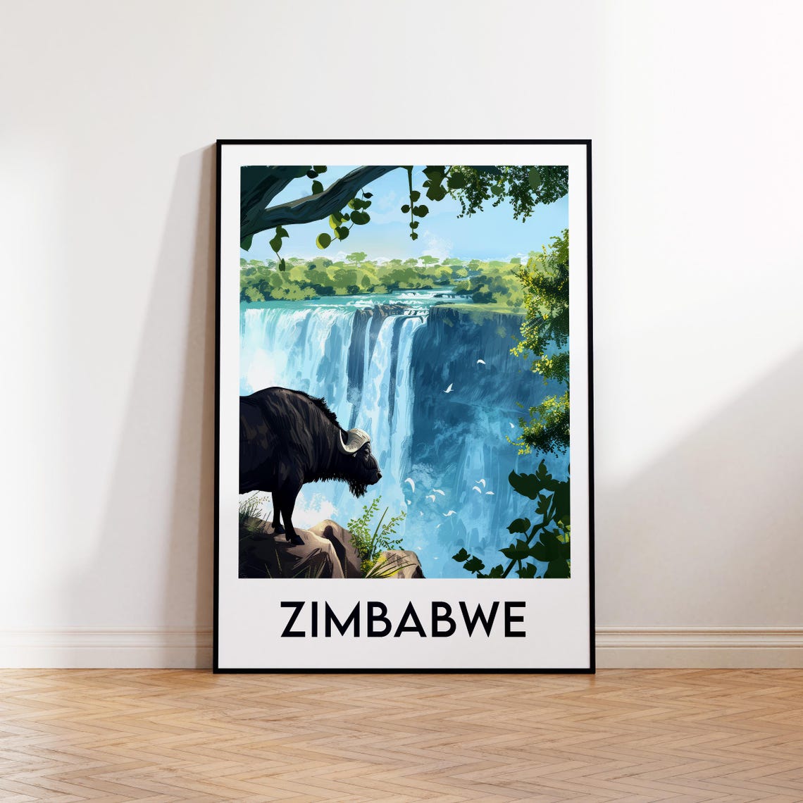 Zimbabwe Victoria Falls Waterfall Buffalo Vintage Travel Poster