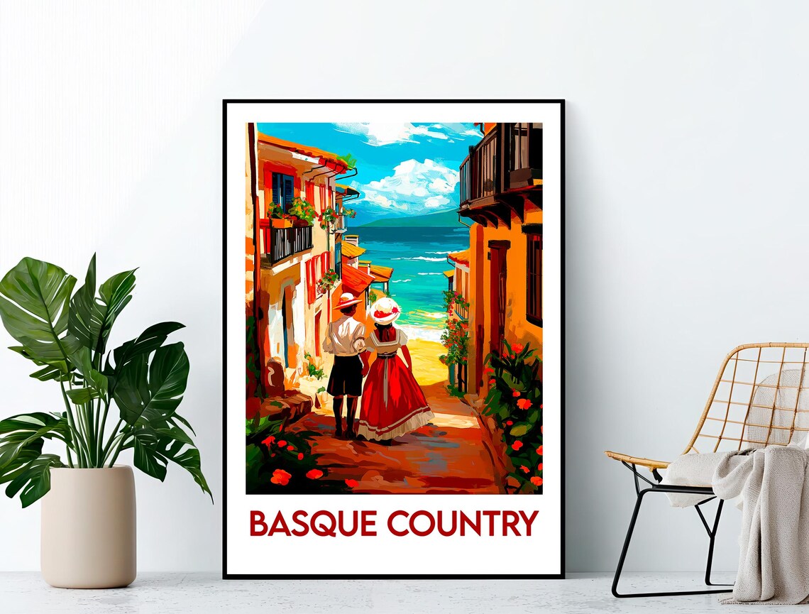Basque Country Couple Strolling To Sea Flower Street Travel Poster
