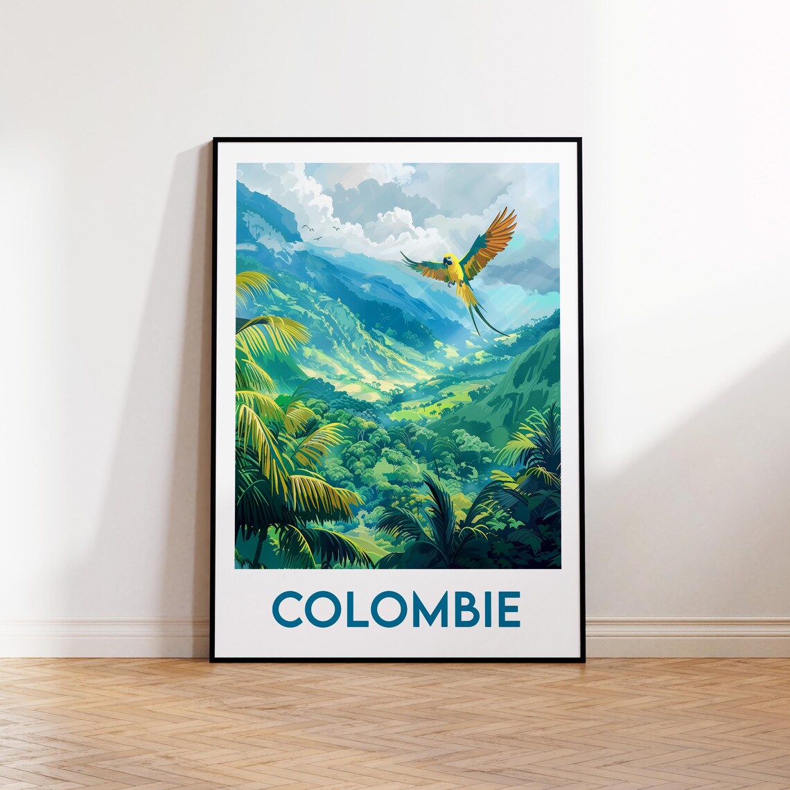 Colombia Lush Green Valley Macaw Flight French Travel Poster