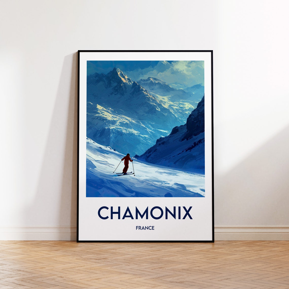 Chamonix France Vintage Travel Poster Skier Alpine Peaks Snow
