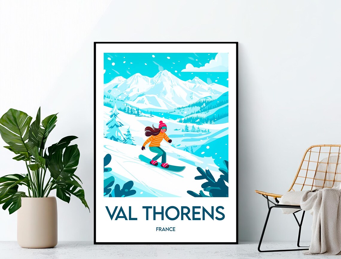 Val Thorens France Girl Snowboarding Down Alpine Slope Travel Poster