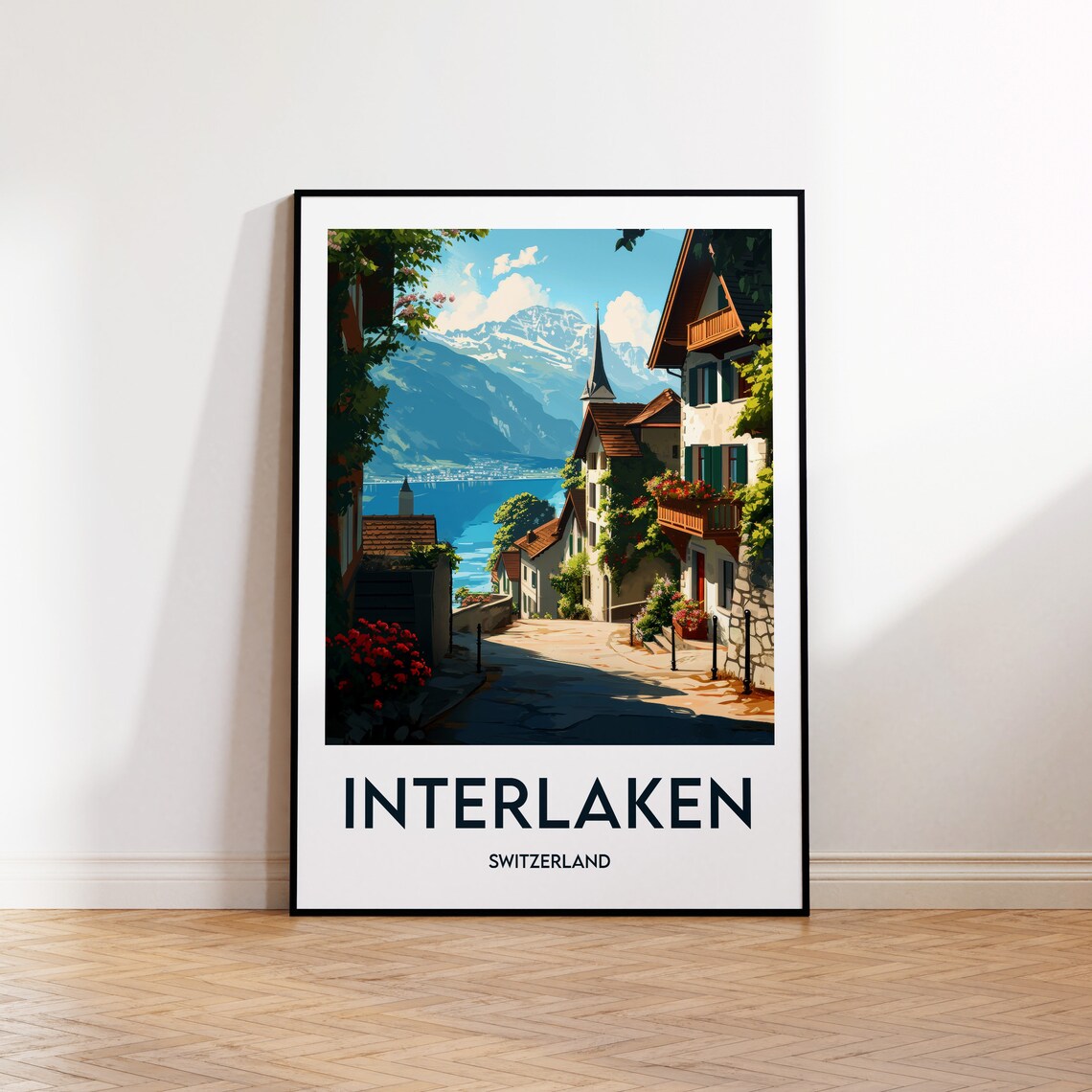 Interlaken Switzerland Village Lane Alpine Lake Vintage Travel Poster