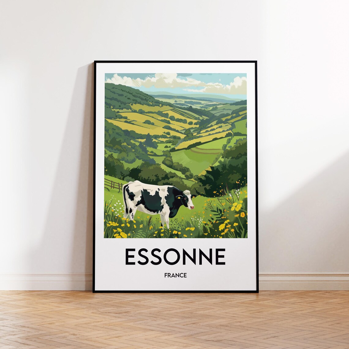 Essonne France Cow In Flower Meadow Green Hills Travel Poster