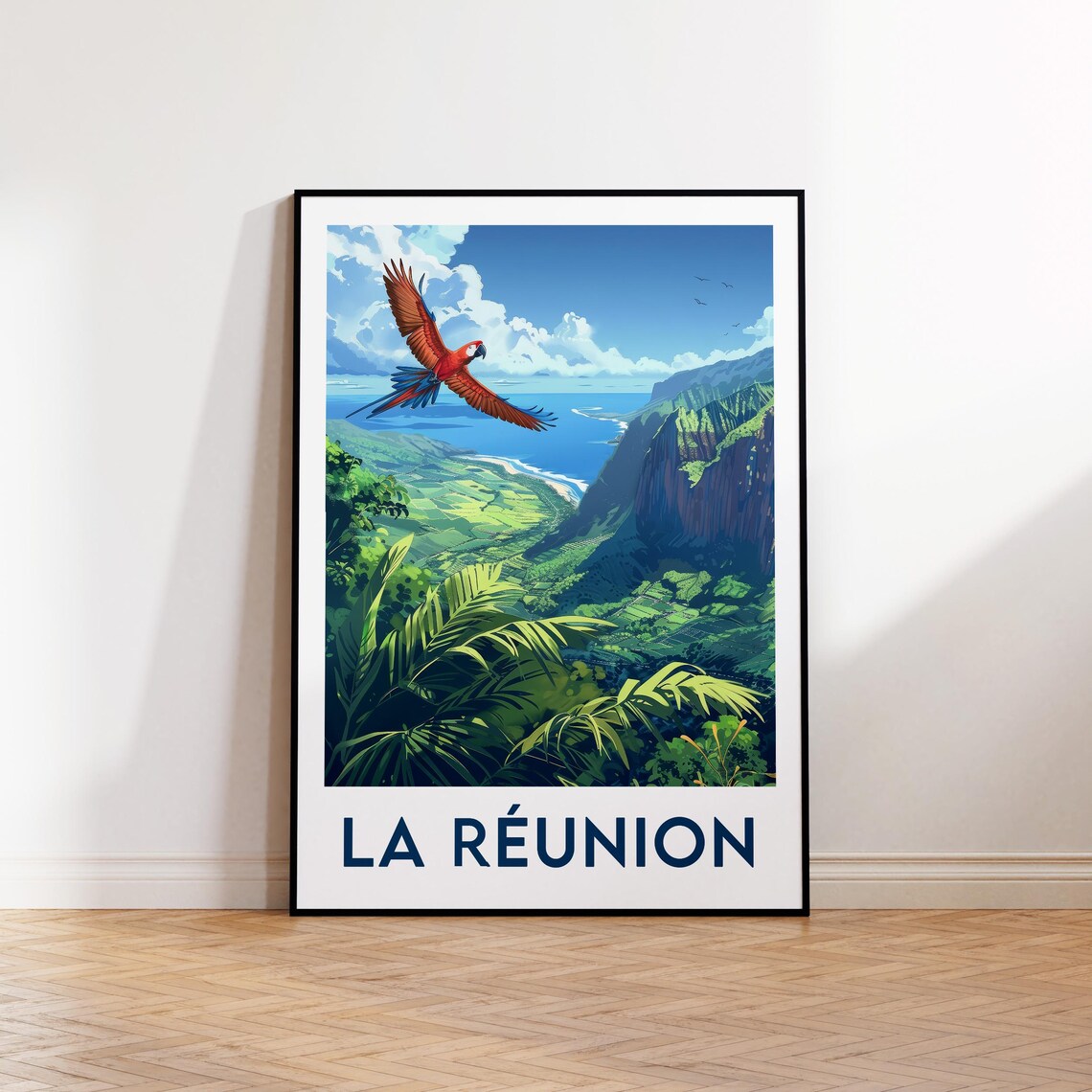 La Reunion Island Scarlet Macaw Tropical Cliffs Travel Poster Art