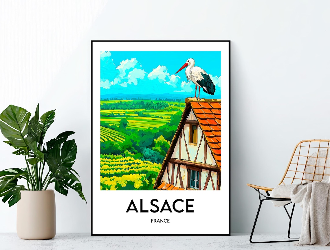 Alsace France Stork On Half Timbered Roof Vineyard Travel Poster